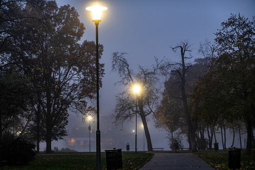 Charles Bridge illuminated by gas lanterns in early, foggy morning, Prague, Czech Republic