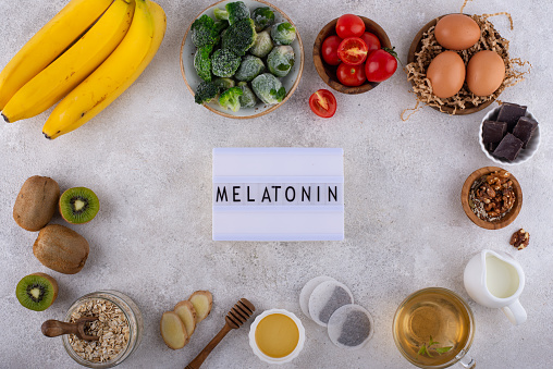 Assortment of healthy products containing melatonin. Food for good sleep