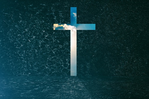 Christ Cross Door in Grunge Concrete Room with Blue Sky Background.