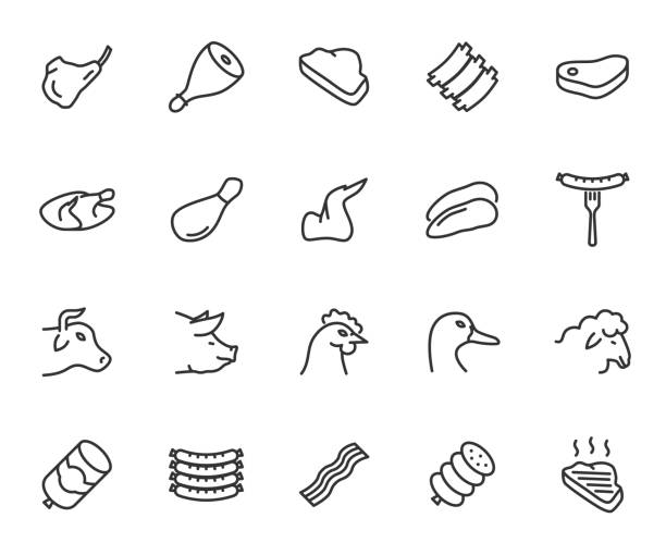 wektorowy zestaw ikon linii mięsnych. zawiera ikony wołowiny, wieprzowiny, kurczaka, kaczki, jagnięciny, bekonu, kiełbasy, szynki, żeberka, stek i wiele innych. piksel idealny. - fillet stock illustrations
