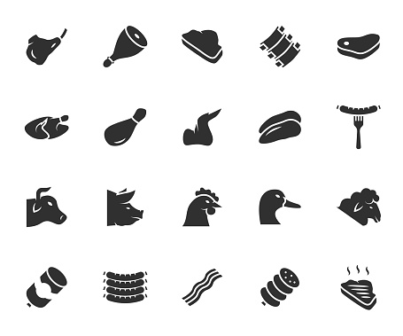 Vector set of meat flat icons. Contains icons beef, pork, chicken, duck, lamb, bacon, sausage, ham, rib, steak and more. Pixel perfect.