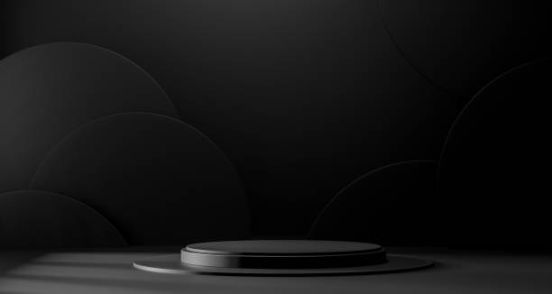 istock 3D Black geometric stage podium. Dark background. 1444653497