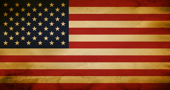 American flag overlay with grunge  brown paper background.