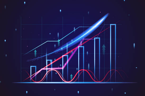 istock Graph with growing indicators and high growth dynamics on a blue background. High income, rising prices. 1444655469