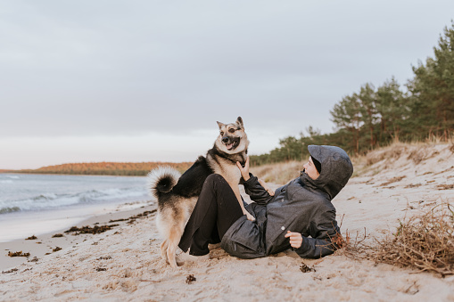 Happy Young puppy and her owner playing together on the beach