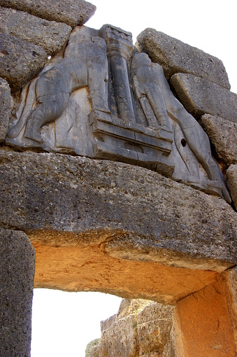 The Lion Gate of ancient Mycenae, the only known monumental sculpture of Bronze Age in Greece, Mykines, Greece