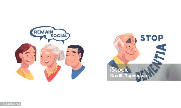 Stop Dementia Disease Prevention Tips Set Remain Social Cartoon Vector