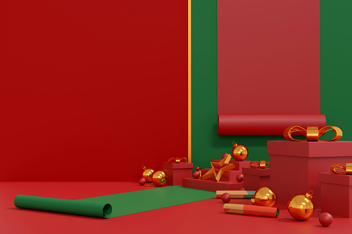 Red Merry Christmas and Happy New Year 2023. Red gift box, golden ball and Christmas decoration in the red and green room background, Winter holiday banner greeting card, poster and product presentation. 3D illustration