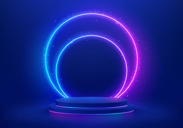 istock Abstract 3D blue cylinder pedestal podium. Sci-fi dark blue abstract background with glow circle neon lamp lighting overlap. Vector rendering, Product display mockup. Futuristic scene. Stage showcase. 1444661184