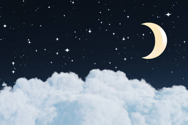 istock Abstact 3d render night scene and Natural podium background, cloud podium with night sky, moon and stars for product display advertising or etc 1444661207