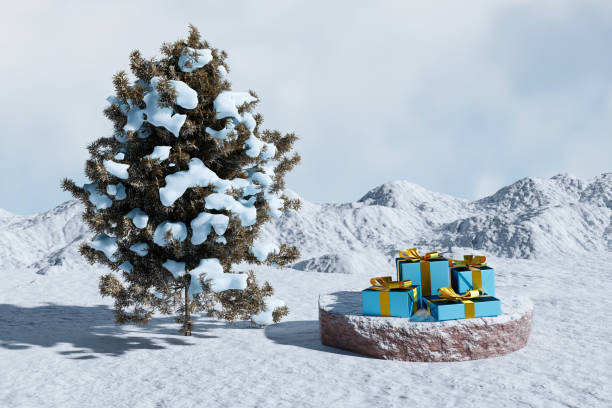 abstact 3d render christmas winter scene and natural podium background, gift box on the stone podium with ice snow mountain and tree covered snow backt cloud for product display, advertising or etc - christmas winter non urban scene pine tree zdjęcia i obrazy z banku zdjęć