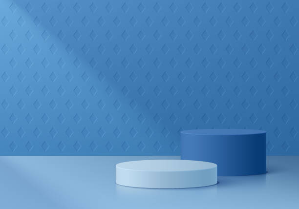 istock Abstract 3D room with realistic blue, white cylinder stand product podium set, Diamond shape pattern texture background. Minimal wall scene mockup display. Vector geometric forms. Stage for showcase. 1444661250