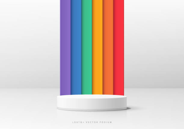ilustrações de stock, clip art, desenhos animados e ícones de abstract 3d background with realistic white cylinder podium. vertical stripes pattern in lgbtq rainbow color or pride flag. minimal scene mockup product display. vector geometric form. stage showcase. - purple pattern abstract backdrop