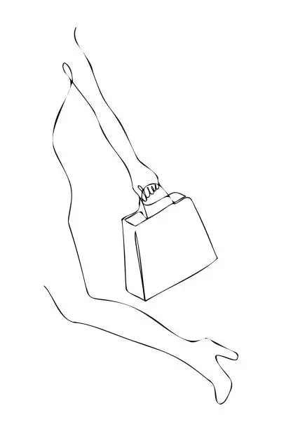 Vector illustration of Contour vector silhouette of a woman carrying a package with purchase. Drawing of the left part of the female body with a package with space for text. The concept of shopping, discounts, promotions an