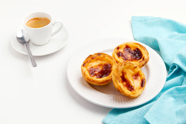 istock Traditional Portuguese egg tart dessert Pasteis Pastel de nata or Pasteis de Belem with coffee over white background 1444669550