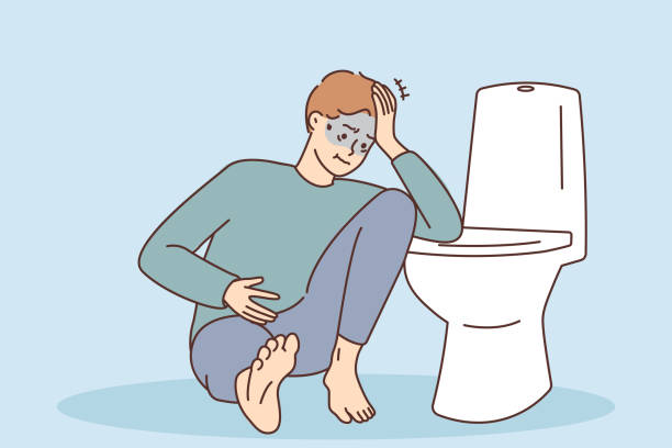 ilustrações de stock, clip art, desenhos animados e ícones de unhealthy man suffer from intoxication near toilet - intoxication