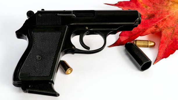 istock Pistol with bullets next to maple leaf. Book cover. 1444673484