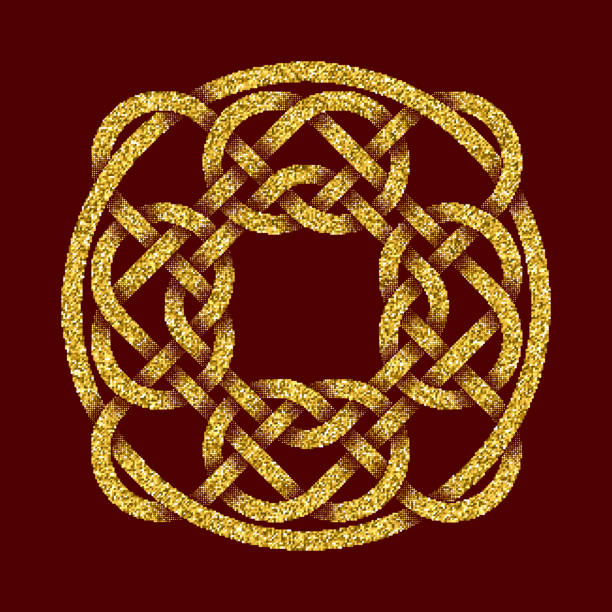 istock Golden glittering sign template in Celtic knots style on dark red background. Tribal symbol in circular mandala form 1444675977