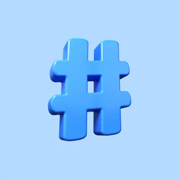 Blue hash symbol 3D hashtag sign Octothorp icon for SEO promotion 3d render