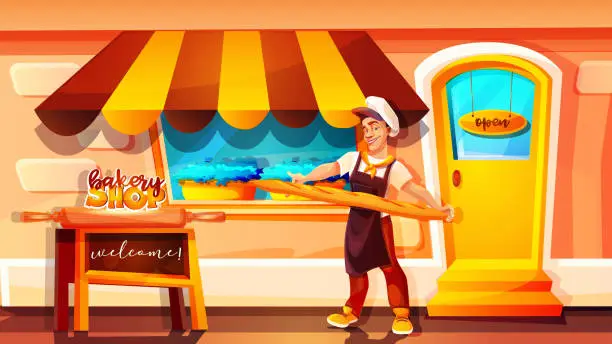 Vector illustration of Baking concept in cartoon style. Bakery, pastry shop with a baker on the street against the backdrop of a bake shop. Exterior.