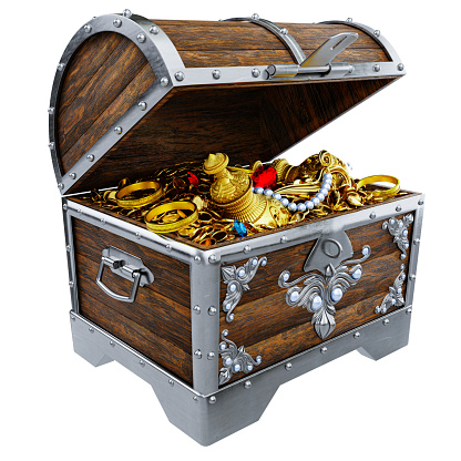 Full treasure chest isolated on white.