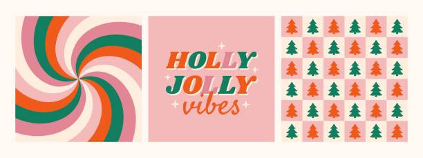 illustrations, cliparts, dessins animés et icônes de collection de fond hippie rétro des années 70. holly jolly vibes phrase avec des fonds d’écran tourbillonnants et à carreaux. - christmas holly backgrounds pattern