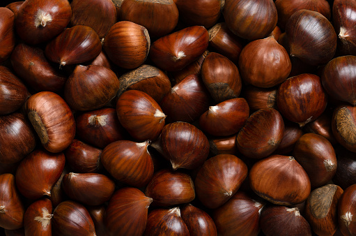 Chestnuts, background from above. Edible nuts of sweet chestnut, Castanea sativa. They can be eaten raw, candied, cooked or milled into flour, or they get roasted and sold as a warm snack on streets.