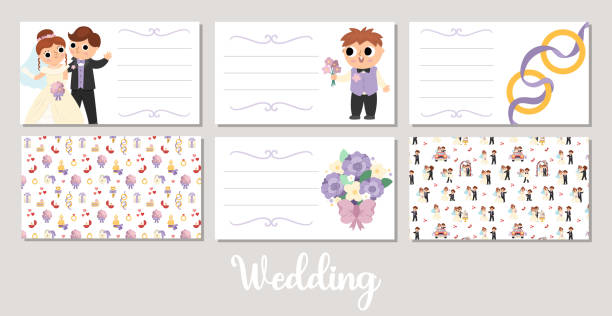 istock Cute wedding business cards set with just married couple, bride, groom, bridegroom, rings. Vector marriage ceremony print templates. Matrimonial design for tags or party decoration 1444683057