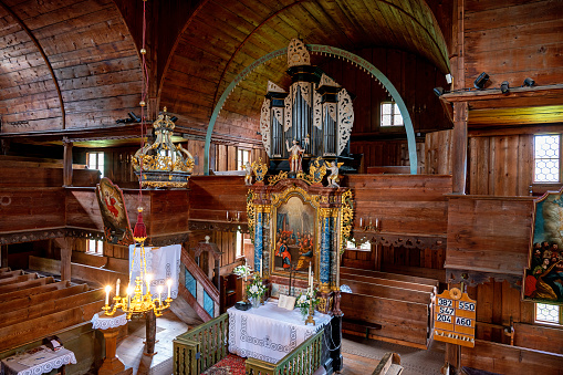 interior of the wooden evangelical articular church of Hronsek, Slovakia