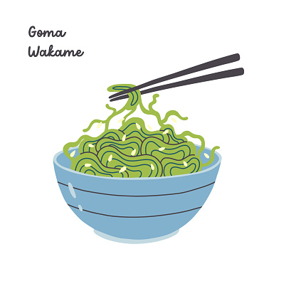 Goma Wakame dish. Traditional Japanese salad. Asian food flat illustration on isolated white background