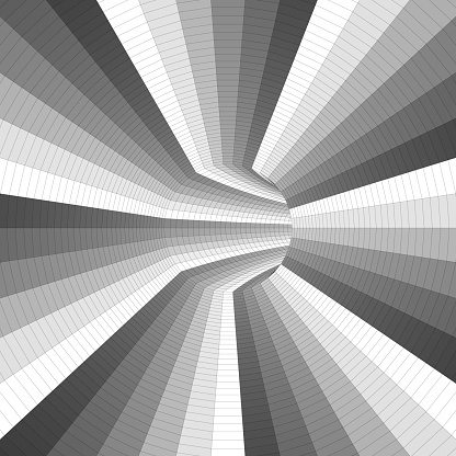 Striped circular tunnel turning. Gray gradient, fine stripes. 3D Vector