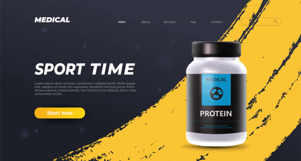 Banner template with jar black protein sport 3d container. Amino acids Round pack for muscle training. Realistic cylindrical jar with vitamins. Banner template with jar black protein sport 3d container. Amino acids Round pack for muscle training. Realistic cylindrical jar with vitamins. vector illustration bodybuilding supplement stock illustrations