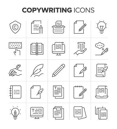 Editable stroke and 32x32 pixel perfect grid copywriting icon set. Set of protection, signature, feedback, typewriter, write book, legal copyright, content author and more symbol.