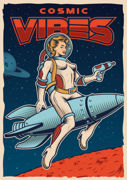 Vintage space poster with pin up astronaut girl on space rocket Vintage space poster with pin up astronaut girl on space rocket with futuristic weapon pin up girl stock illustrations