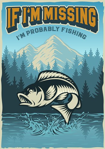 Vintage poster on the theme of fishing with perch fish of the background of mountains