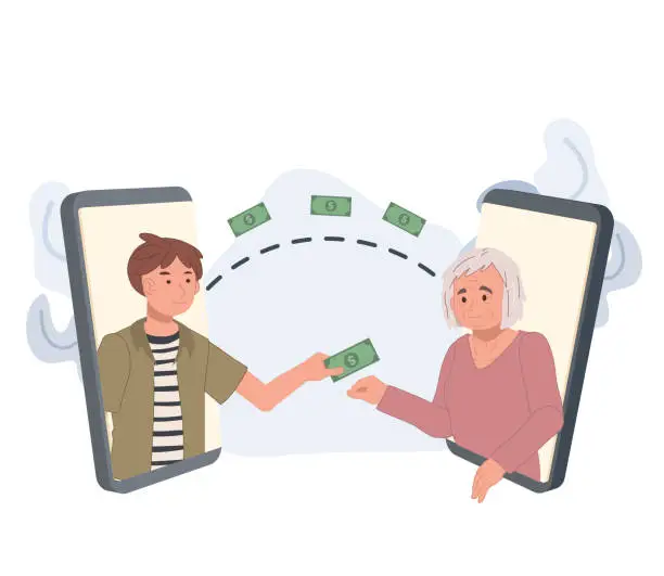 Vector illustration of bank transfer,Online payment concept. man sending money on phone screen to elderly mother. Flat vector cartoon Character illustration.