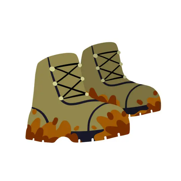 Vector illustration of Hiking boots. Dirty Sturdy leather travel shoes. Traveler clothing item. Brown Mud. Doodle cartoon