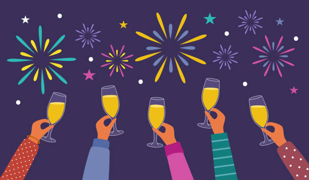 Champagne glasses toast celebration party in flat design. Wine drink. vector art illustration