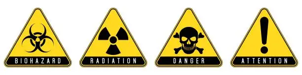 Vector illustration of Warning danger signs. Radiation, toxic, biohazard, attention sign.