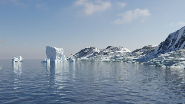 istock Rendering of antarctic landscape with floating ice bricks and mountain range 1444707966