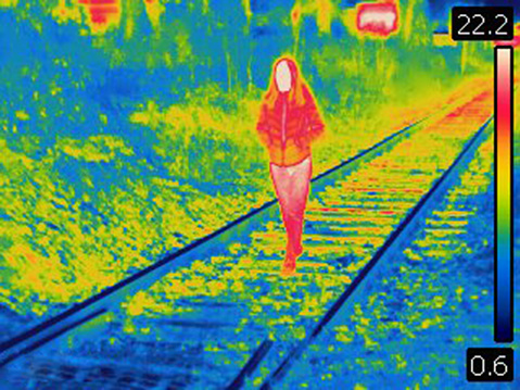 Image taken with Flir T420 infra red digital camera. Each color represents different temperatures, as is shown on spectrum scale on right side of image.
