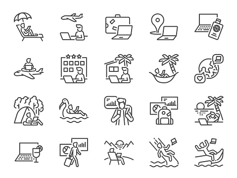 Workation line icon set. The icons included staycation, remote workplace, work from anywhere, WFH, and more.