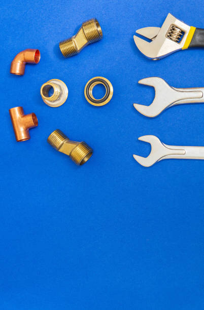 istock Set of tools for plumbing isolated on blue background with space for advertising 1444718519