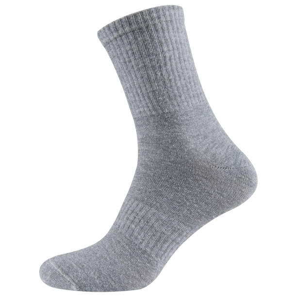 istock Gray long voluminous sock with a wide elastic band, on a white background 1444720196
