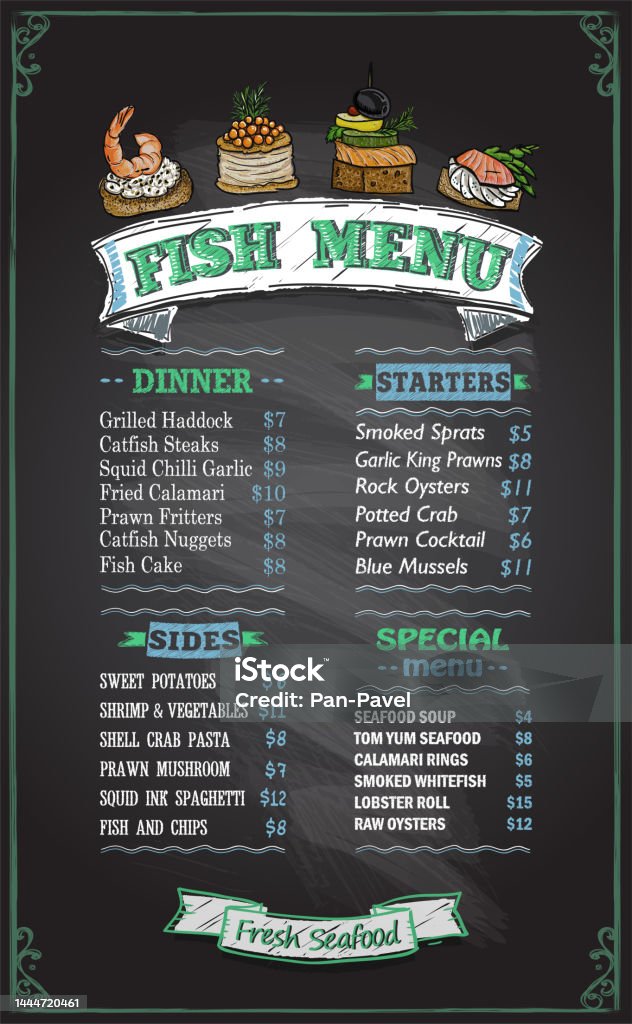 Visual Fish Menu Fish Chalk Menu Board Vector Mockup With Dinner Stock Illustration ...