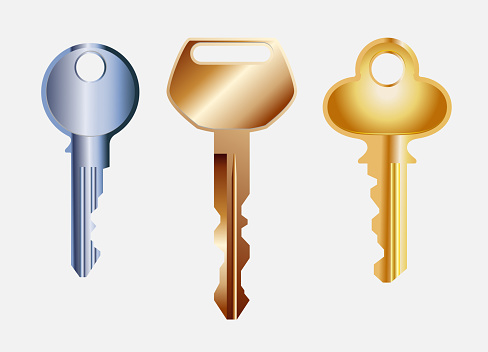 realistic keys in gold and silver keychain isolated on white background. different types of keys, keychain with metal keys, kinds of door locks.