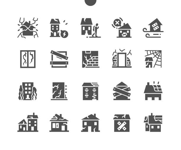 Abandoned houses. Building in disrepair. Broken windows. Roof in disrepair. Vector Solid Icons. Simple Pictogram Abandoned houses. Building in disrepair. Broken windows. Roof in disrepair. Vector Solid Icons. Simple Pictogram boarded up stock illustrations