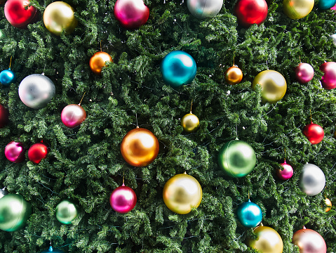Full Frame Background of Vibrant Colorful Shiny Decorative Balls on Christmas Tree