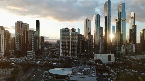 istock Melbourne city skyline at sunset 1444726016