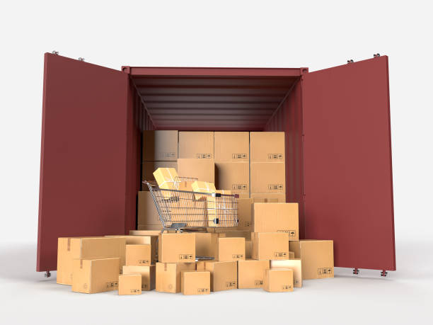 istock Container cargo shipping logistic service containers with brown cardboard boxes package delivery in the online e-commerce business. 3d rendering 1444726182